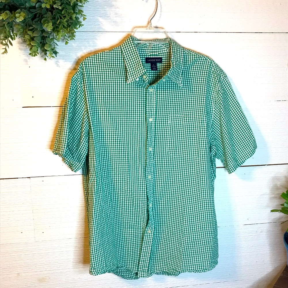 Land’s End green and white patchwork button-down short-sleeve shirt